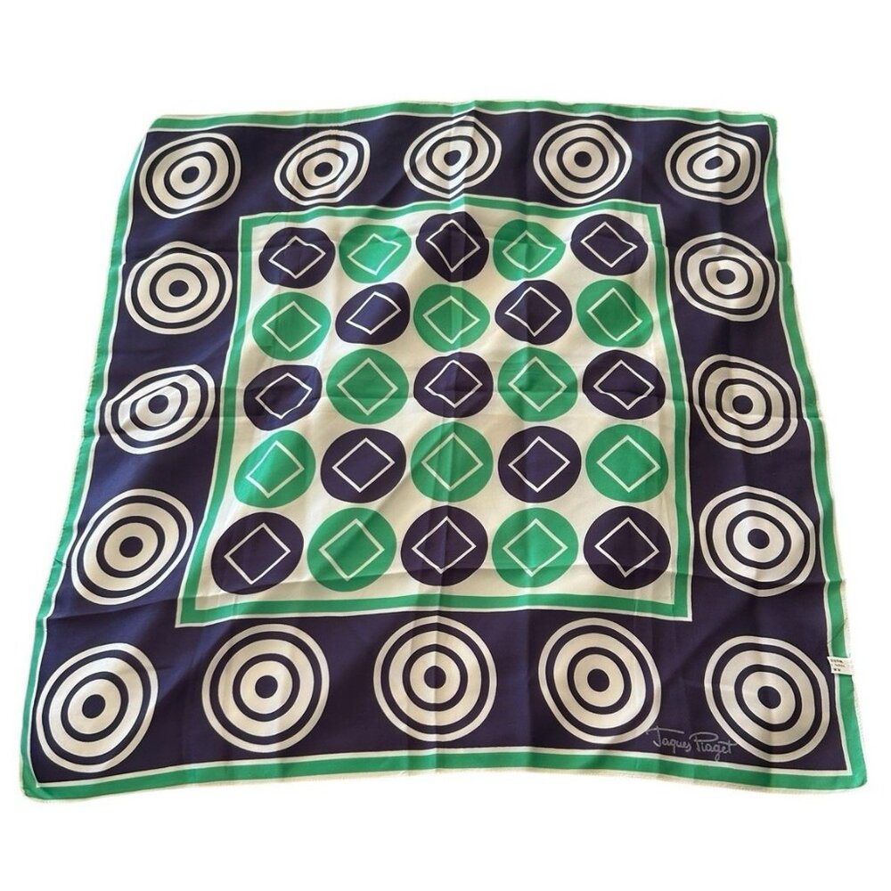 Italian Acetate Art Scarf Vintage Jacques Piaget Navy Green Geometric 27" Square